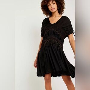 Free People Love On The Run Embroidered Smocked Tie Back Dress Ruched Sleeve